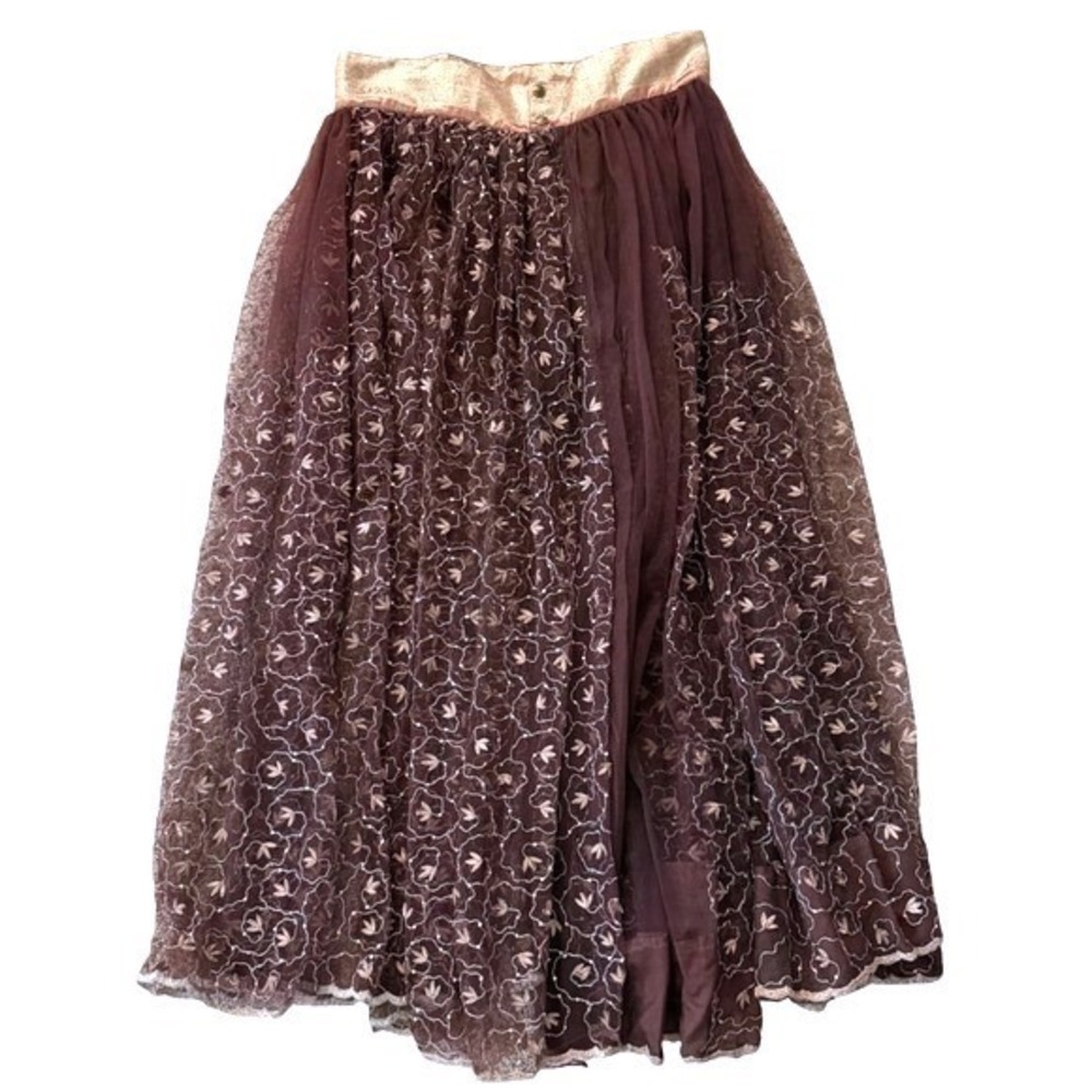 Boho Maxi Artisan Lehenga Skirt India Deep Plum Floral Mesh Embroidered
Gold 34"